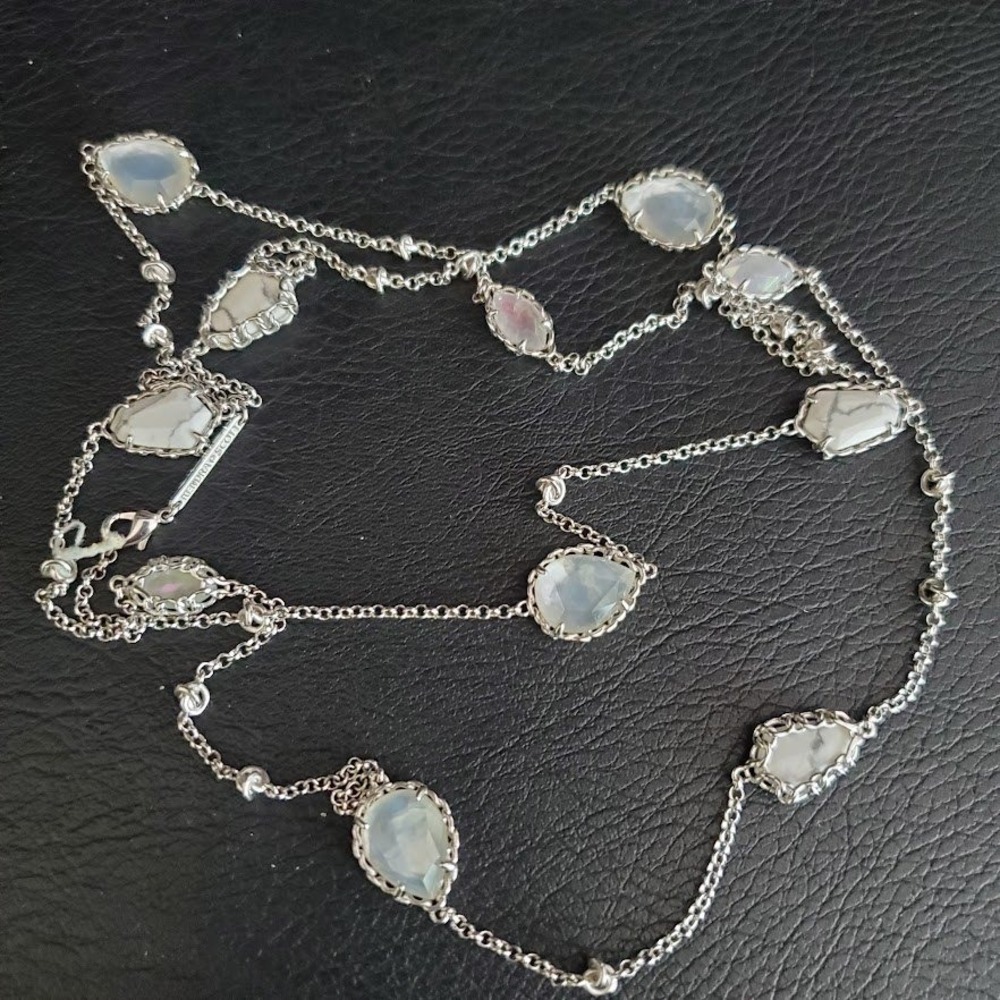 Kendra Scott Silver Plate Station Necklace White Howlite Mother of Pearl Long - Picture 3 of 7